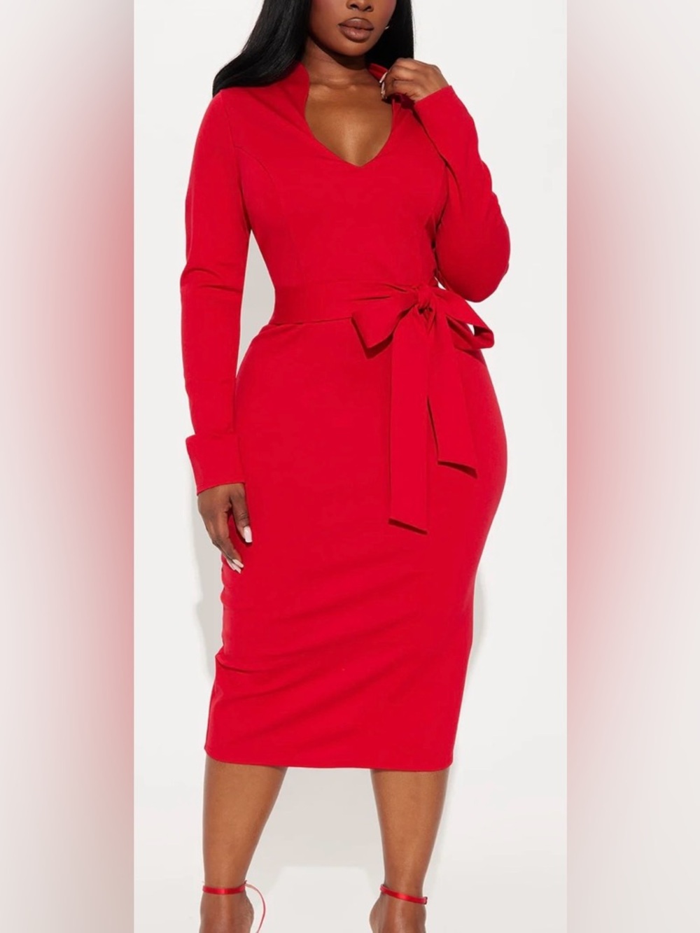 NWT fashion nova Red scoop Neck Long Sleeve belted Midi Dress size XL - Picture 4 of 5